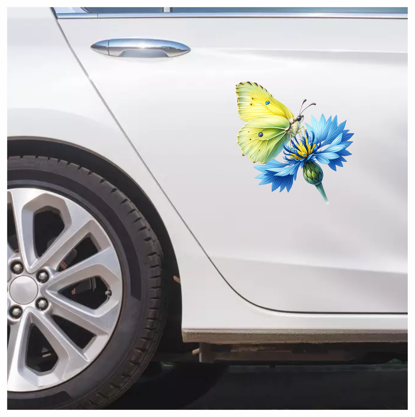 Yellow Butterfly Blue Flower Vinyl Sticker Decal