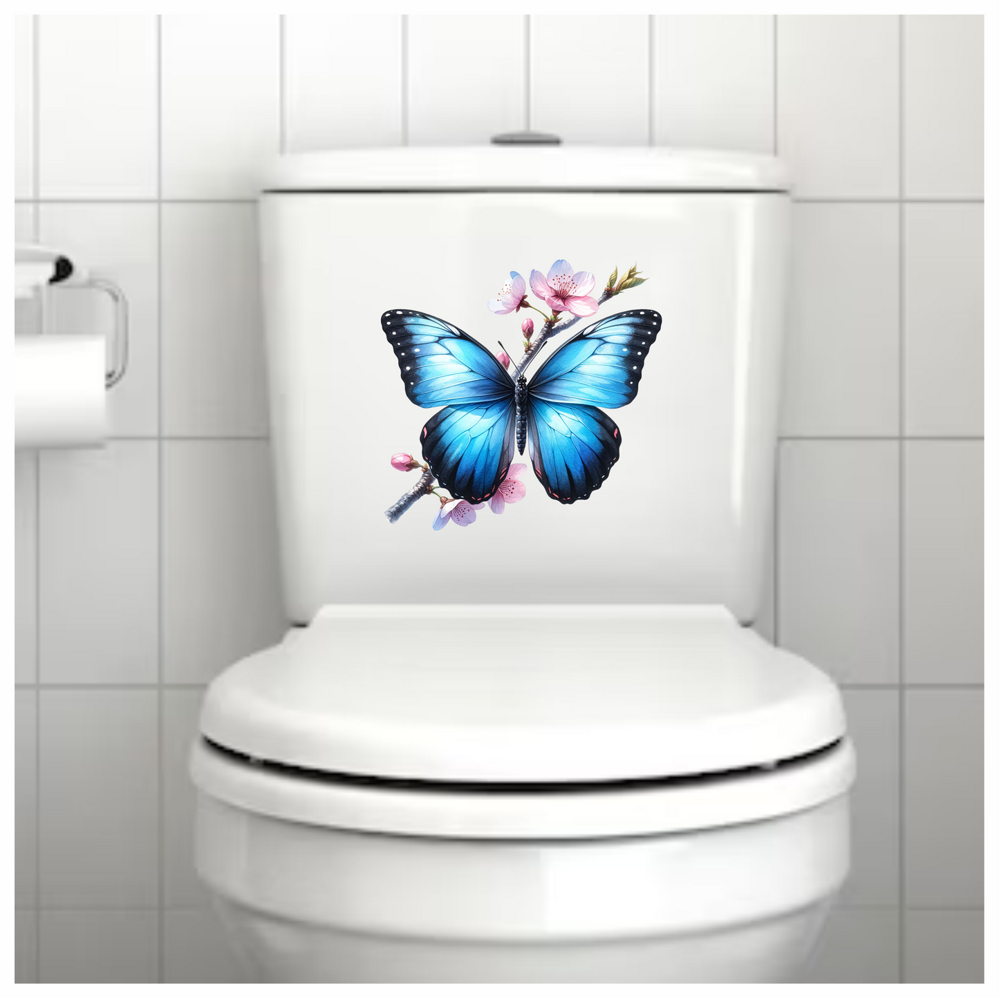 Blue Butterfly Pink Flowers Tree Branch Vinyl Sticker Decal