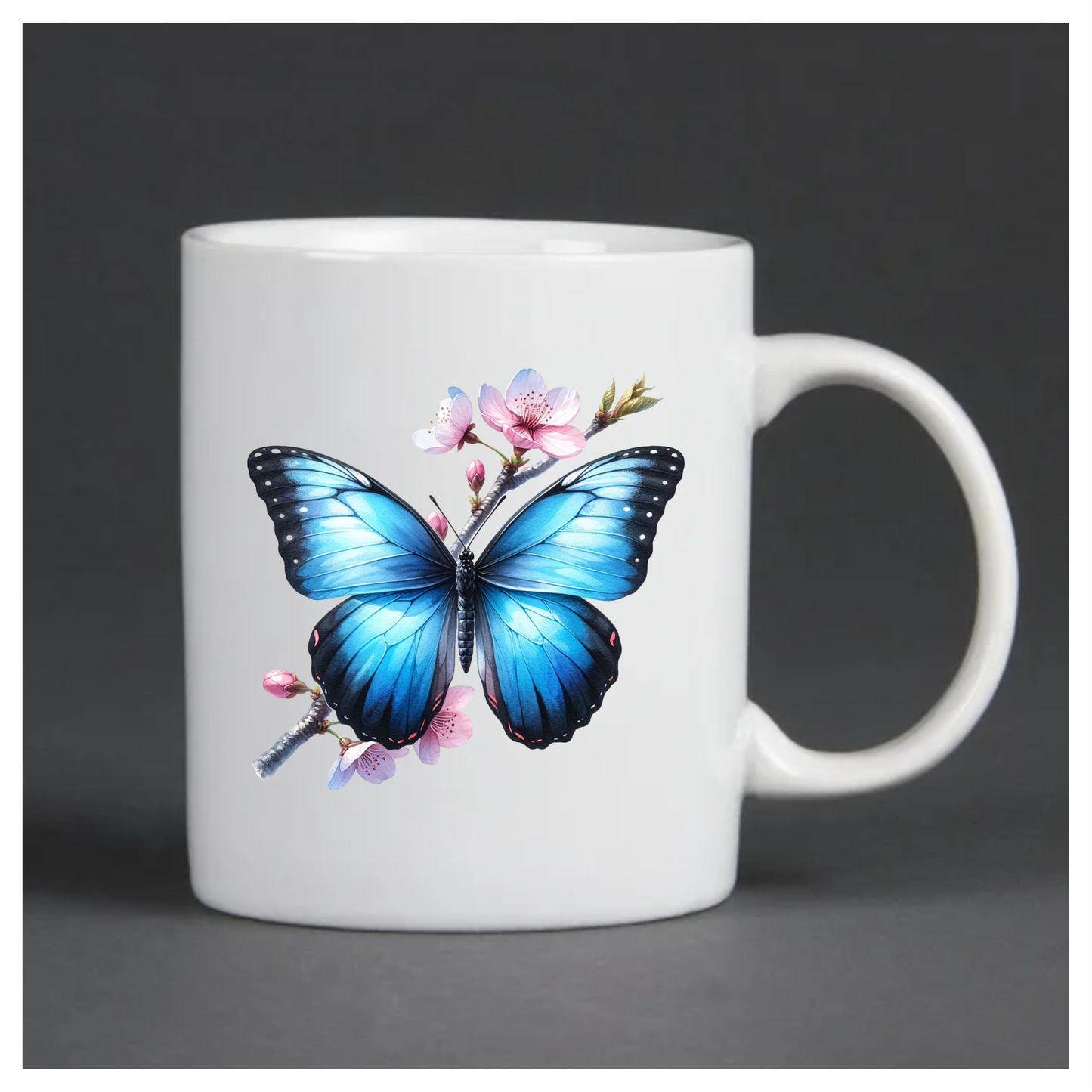 Blue Butterfly Pink Flowers Tree Branch Vinyl Sticker Decal