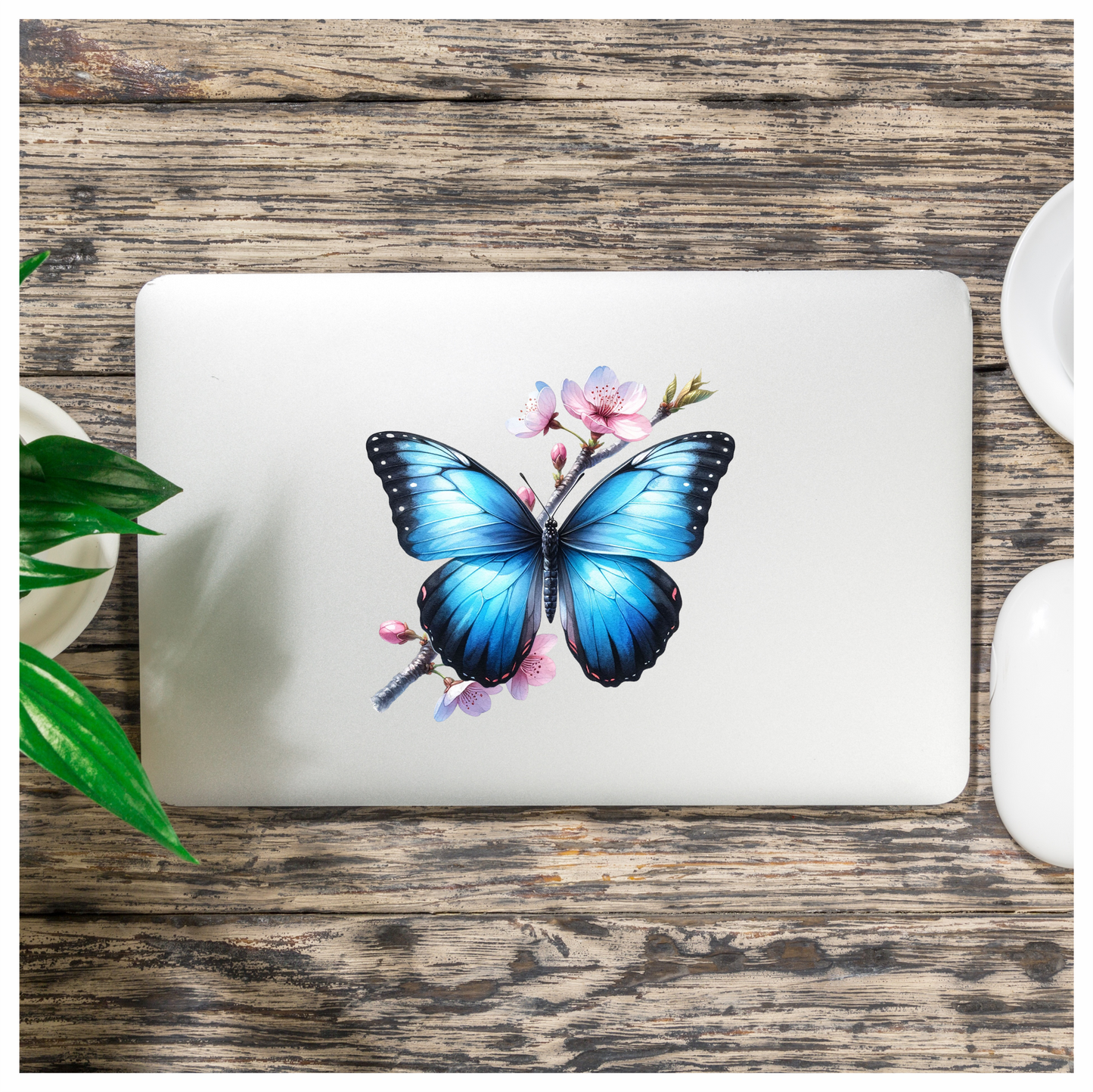 Blue Butterfly Pink Flowers Tree Branch Vinyl Sticker Decal