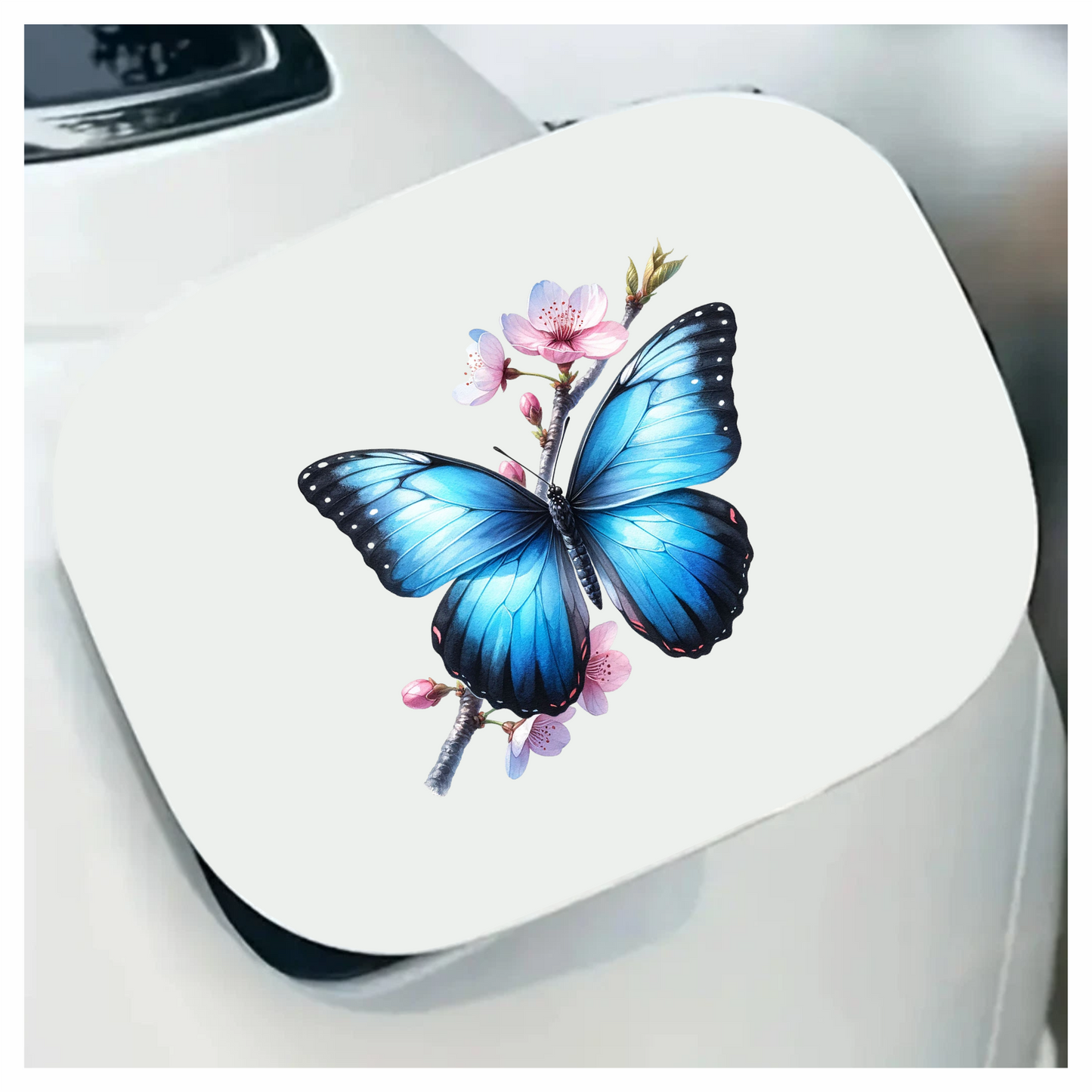 Blue Butterfly Pink Flowers Tree Branch Vinyl Sticker Decal