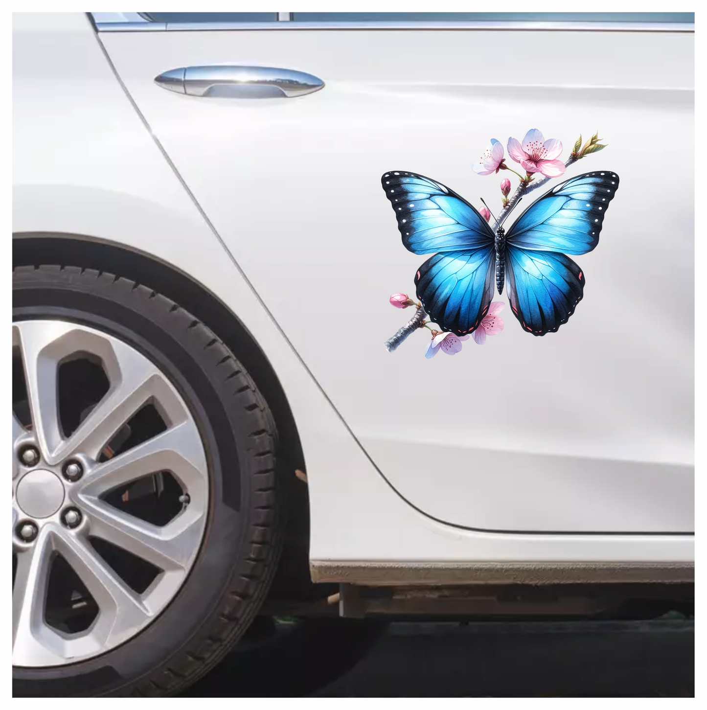 Blue Butterfly Pink Flowers Tree Branch Vinyl Sticker Decal