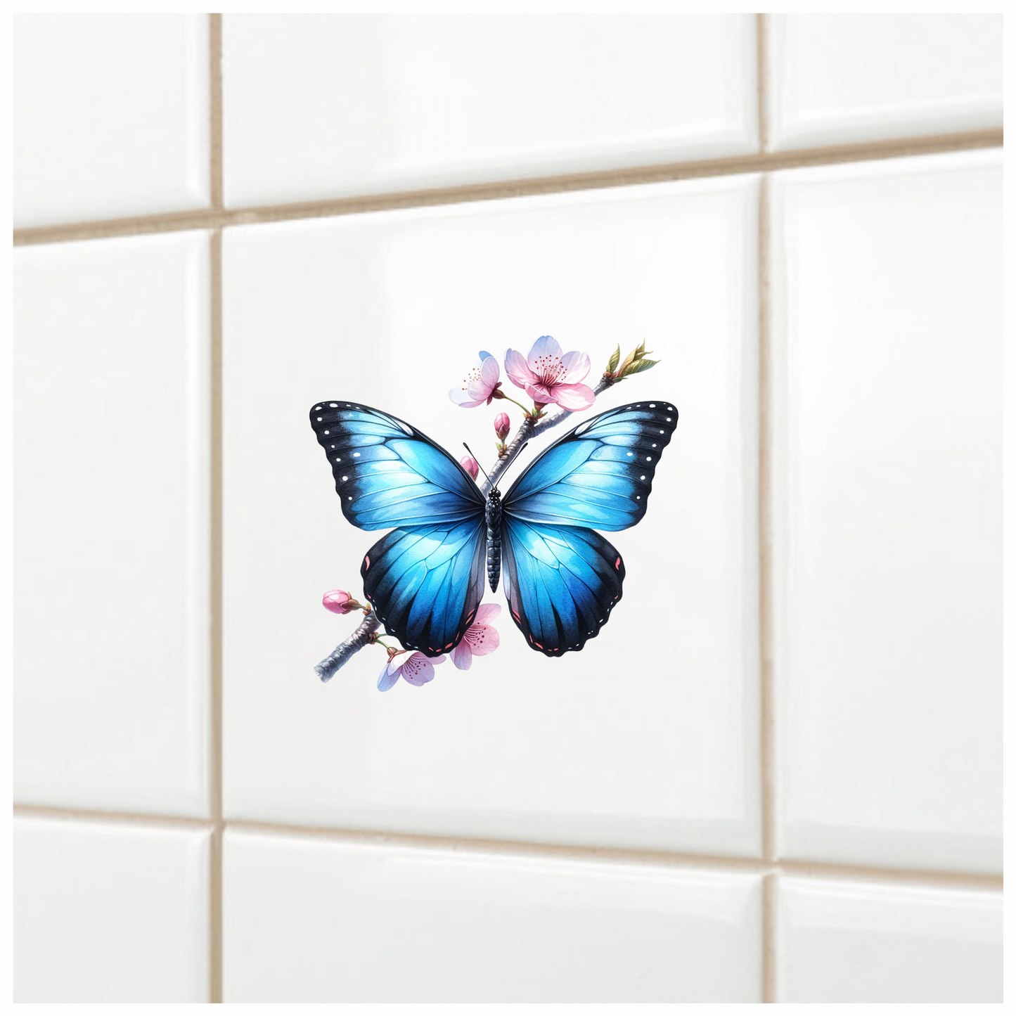 Blue Butterfly Pink Flowers Tree Branch Vinyl Sticker Decal