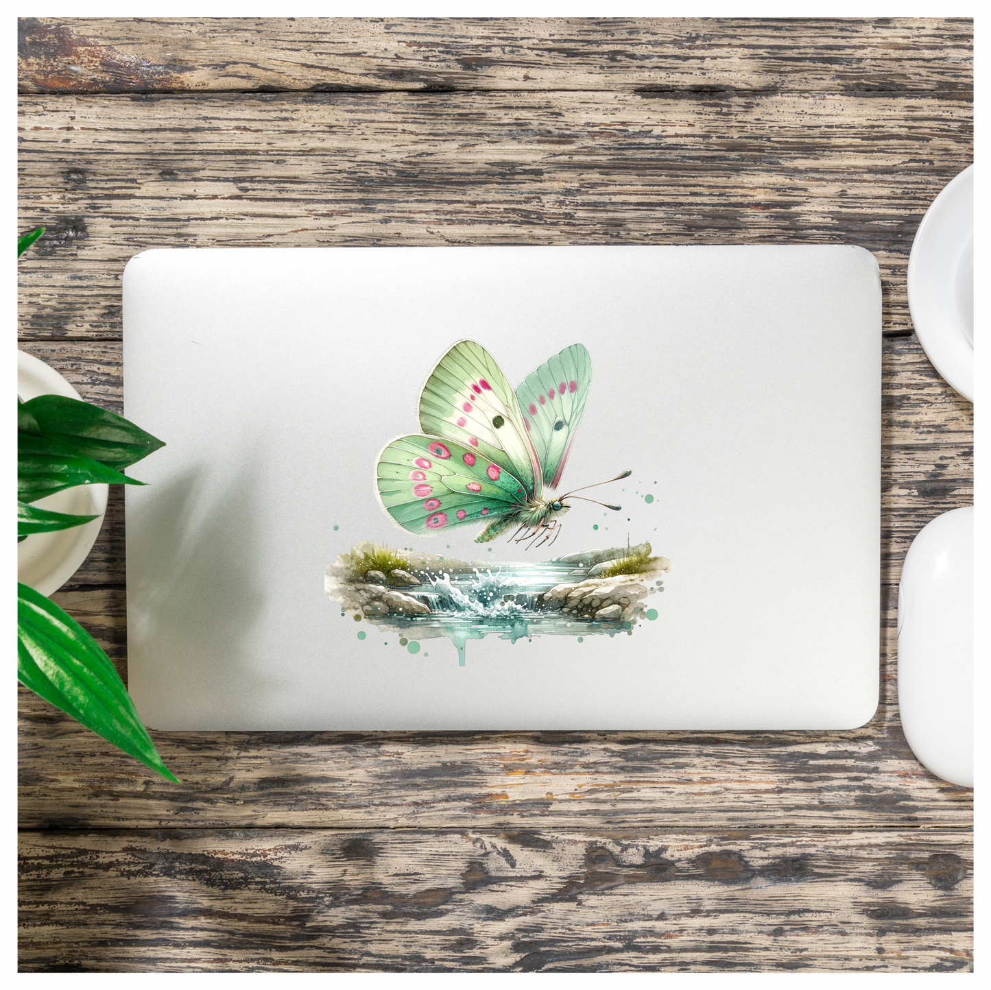 Green Butterfly Flying Water Rocks Vinyl Sticker Decal