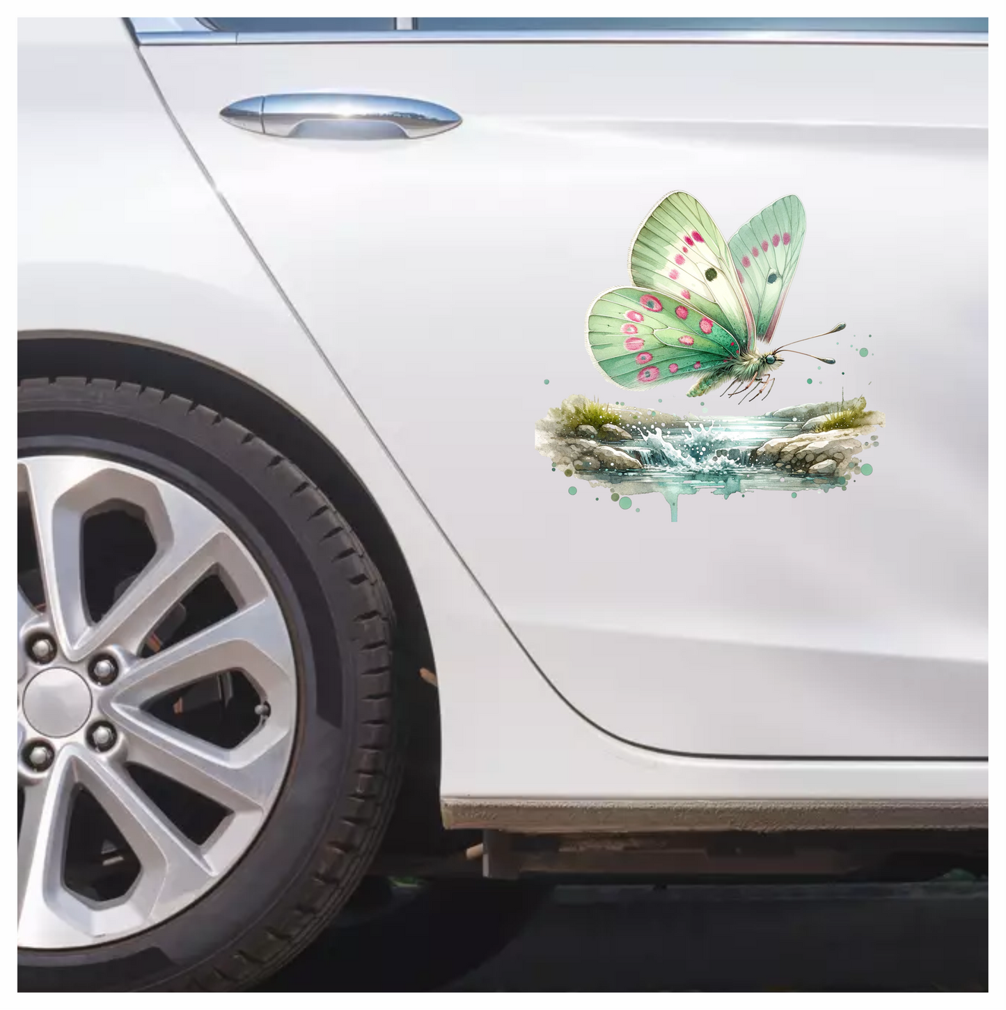 Green Butterfly Flying Water Rocks Vinyl Sticker Decal