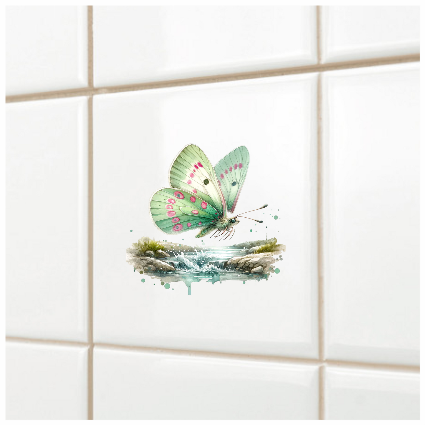 Green Butterfly Flying Water Rocks Vinyl Sticker Decal