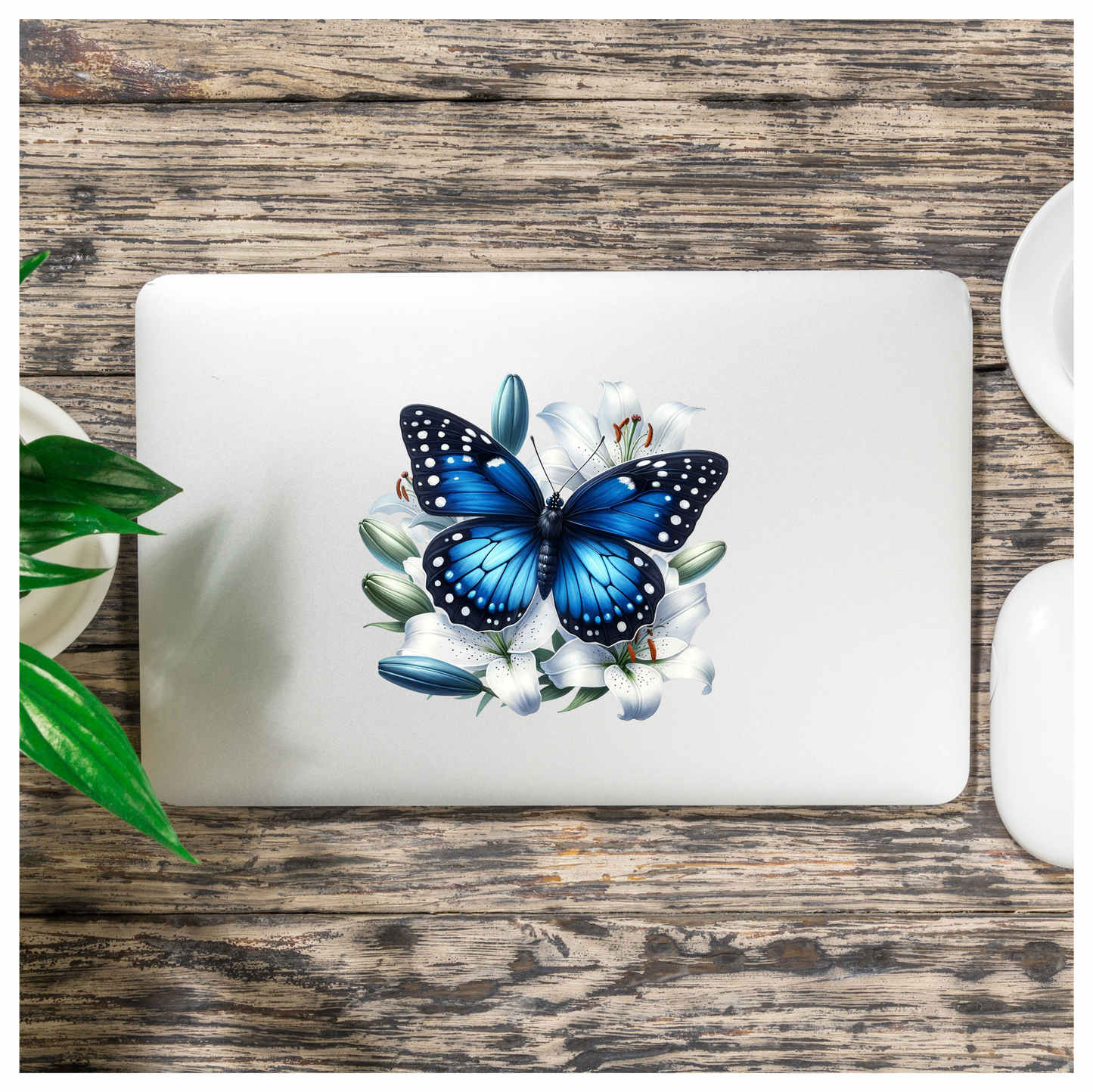 Blue Butterfly White Lily Flowers Nature Vinyl Sticker Decal