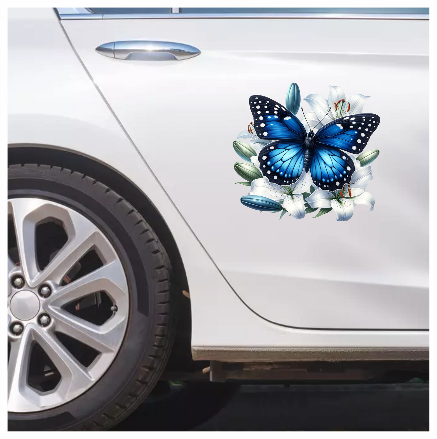 Blue Butterfly White Lily Flowers Nature Vinyl Sticker Decal