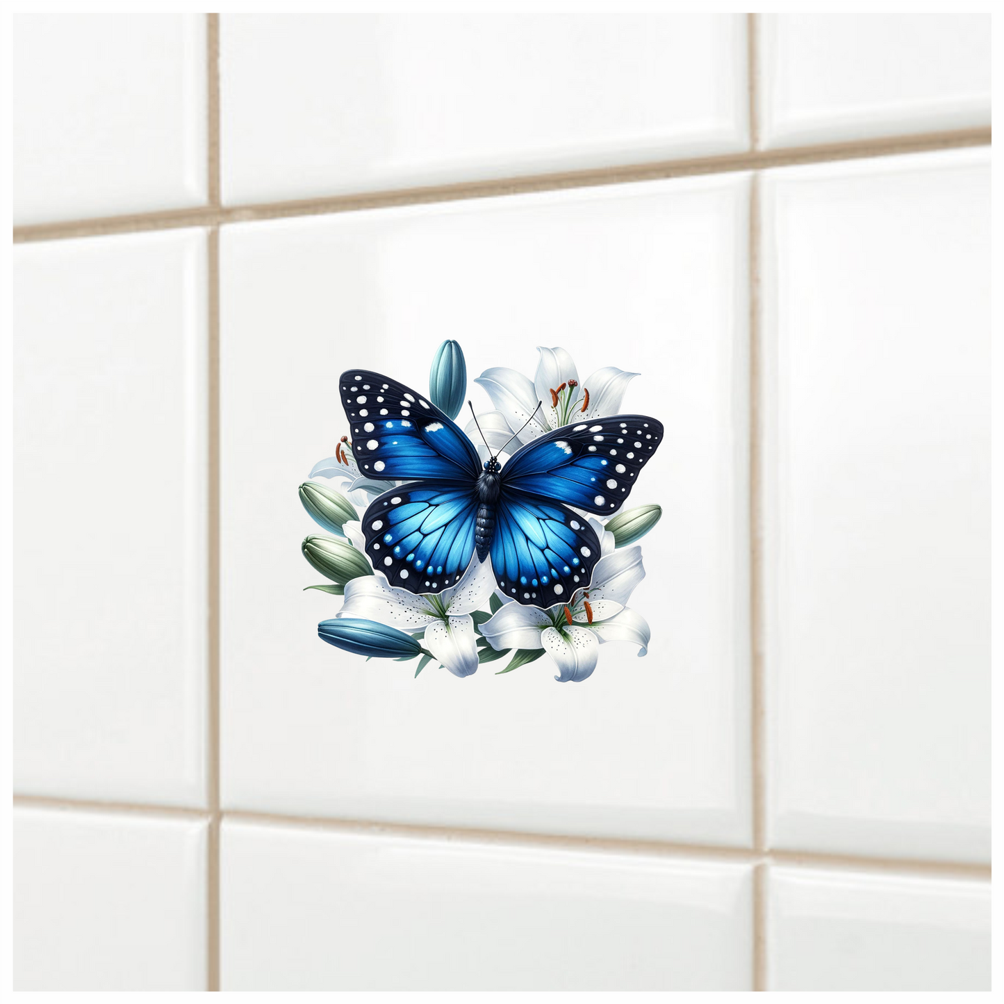 Blue Butterfly White Lily Flowers Nature Vinyl Sticker Decal