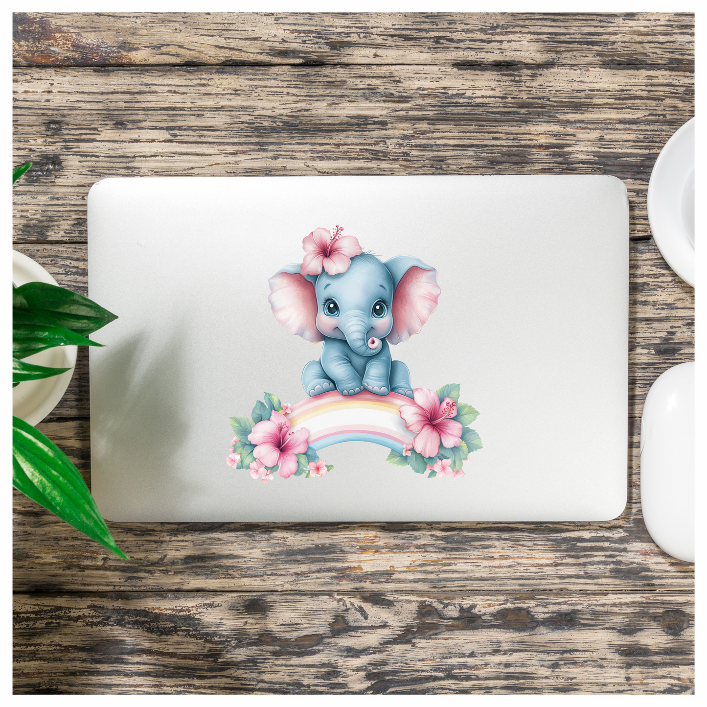 Blue Elephant Hibiscus Flower Rainbow Vinyl Sticker Decal