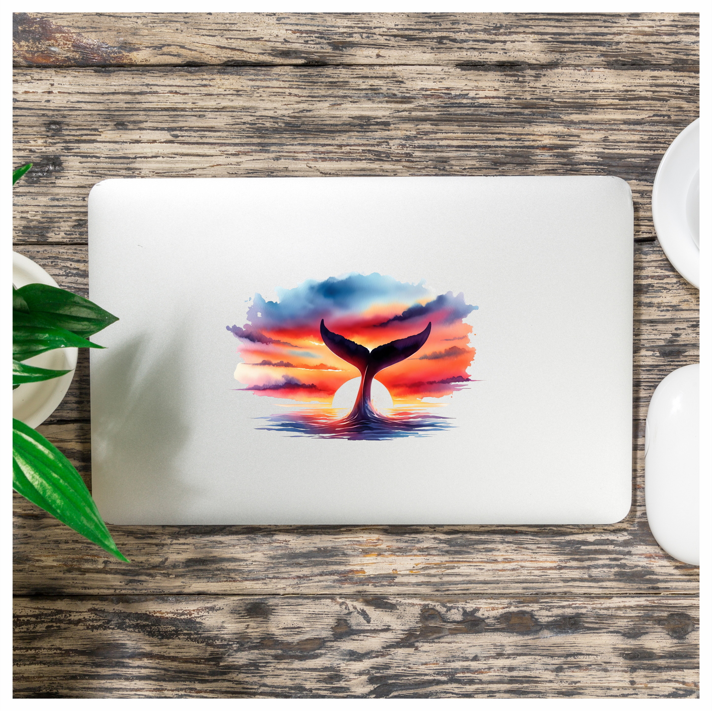 Whale Tail Sunset Ocean Watercolor Vinyl Sticker Decal