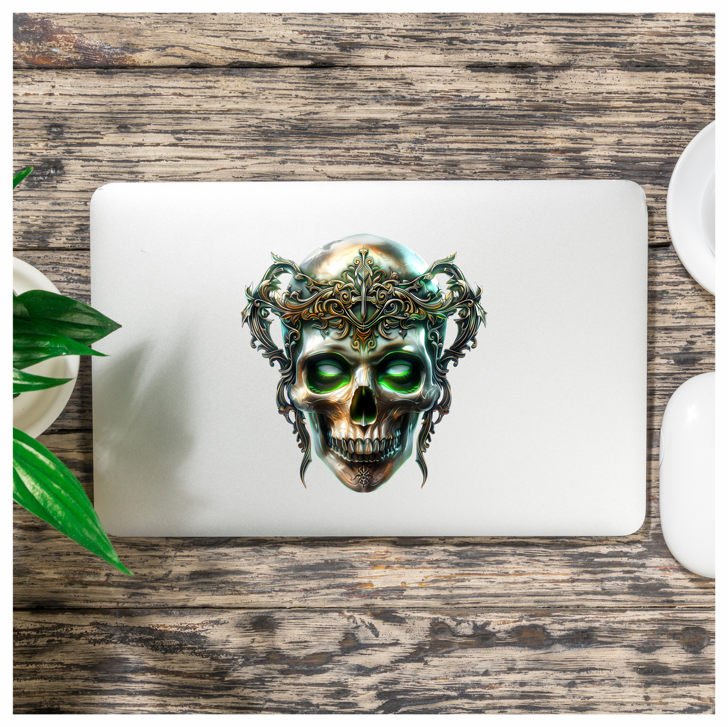 Skull Crown Green Eyes Metal Vinyl Sticker Decal