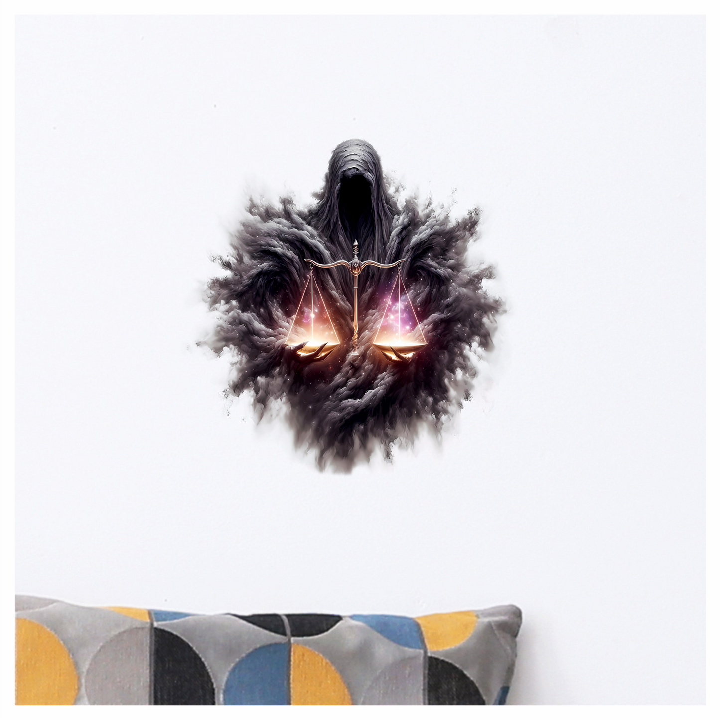 Dark Hooded Figure Holds Golden Scales Vinyl Decal Sticker
