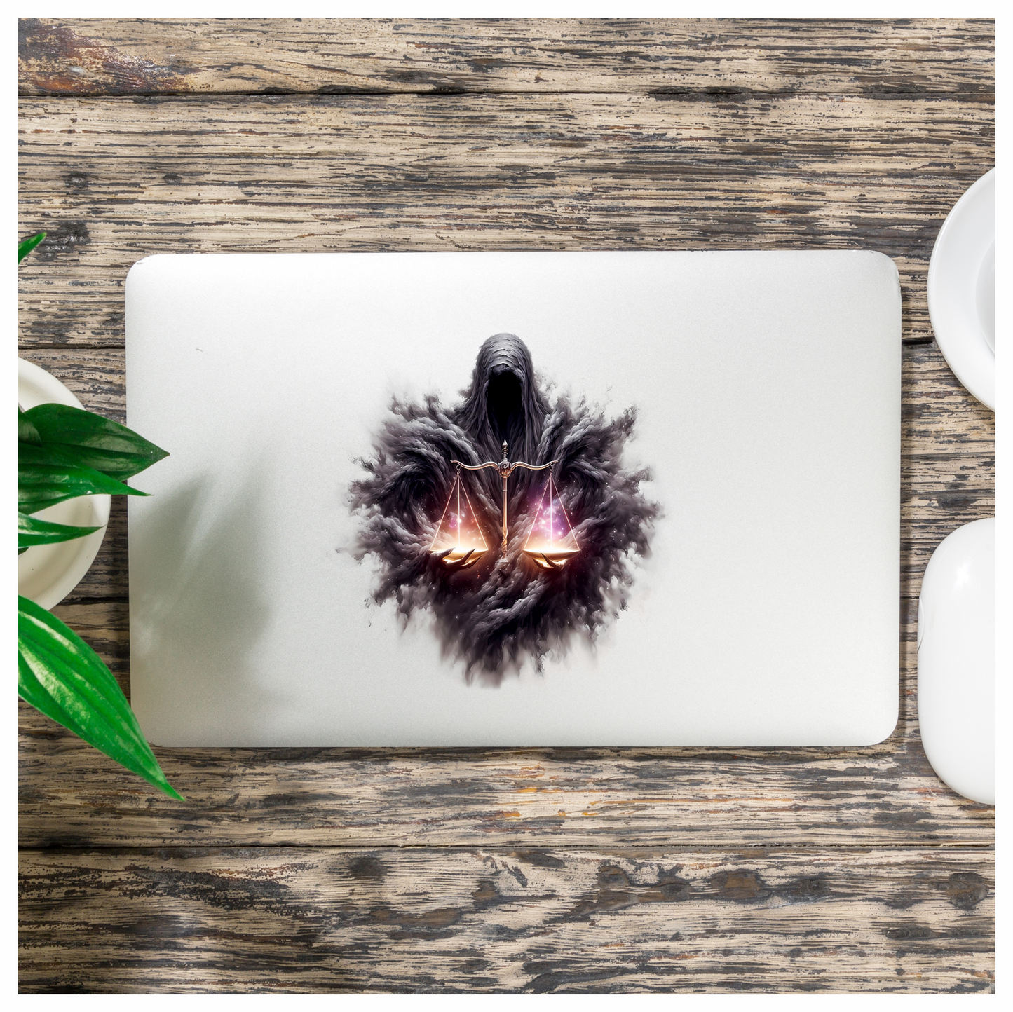 Dark Hooded Figure Holds Golden Scales Vinyl Decal Sticker