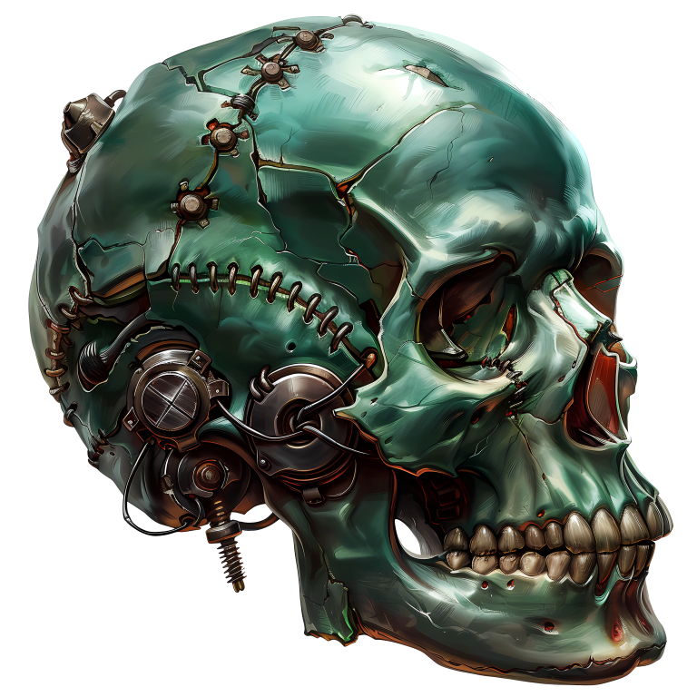 Green Skull Robot Gears Teeth Vinyl Sticker Decal