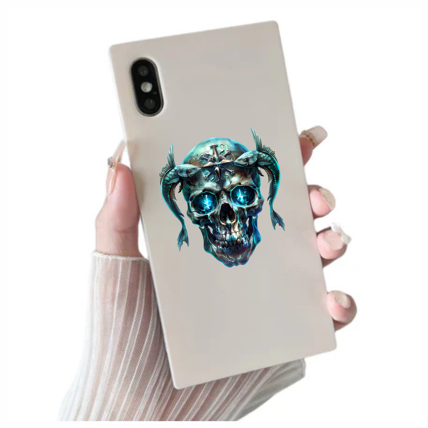 Skull Fish Blue Glowing Eyes Metal Vinyl Sticker Decal