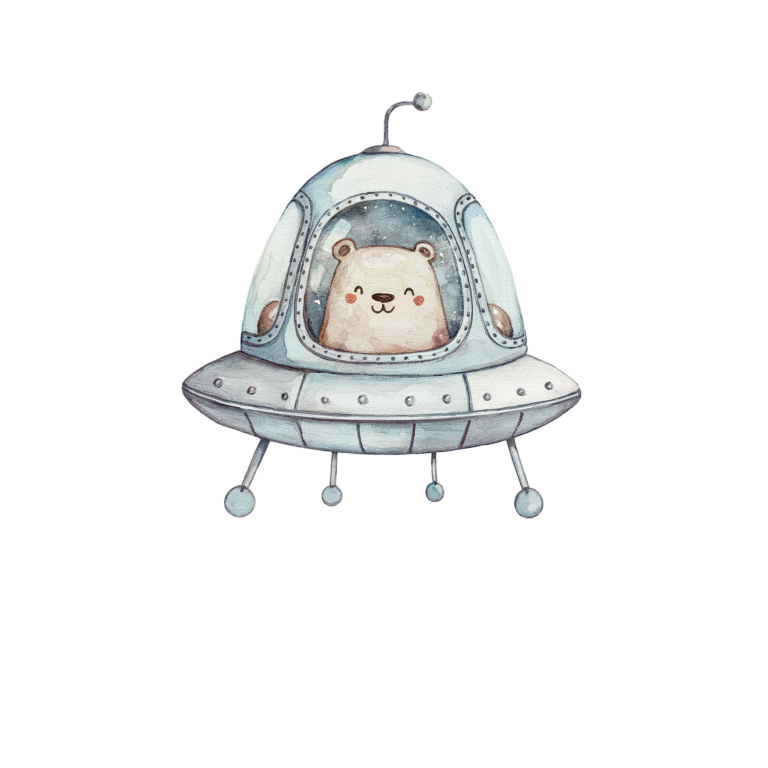 Illustration of a bear inside a UFO on a white background vinyl sticker.