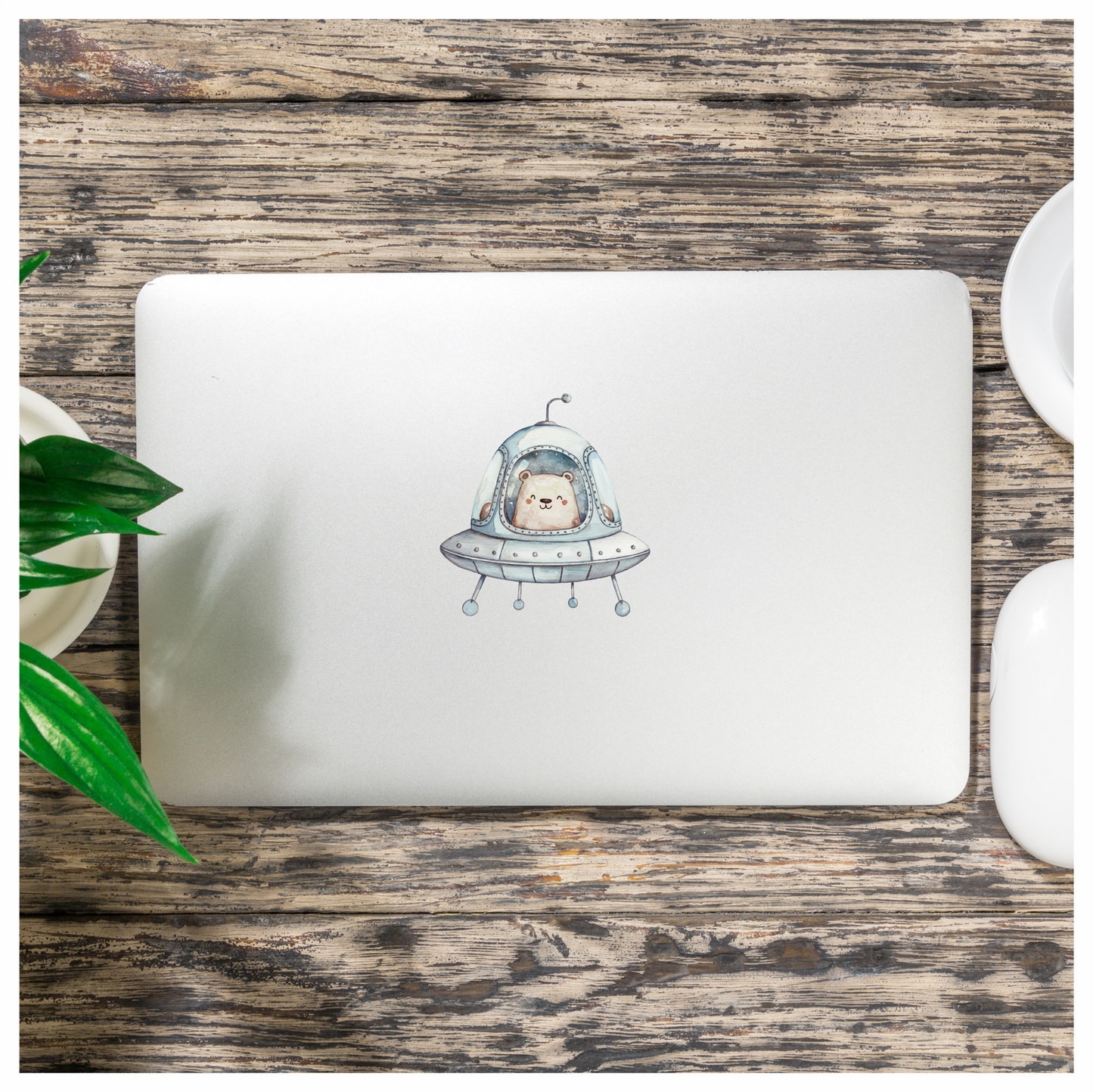Bear Driving Grey Spaceship Cartoon Vinyl Decal Sticker