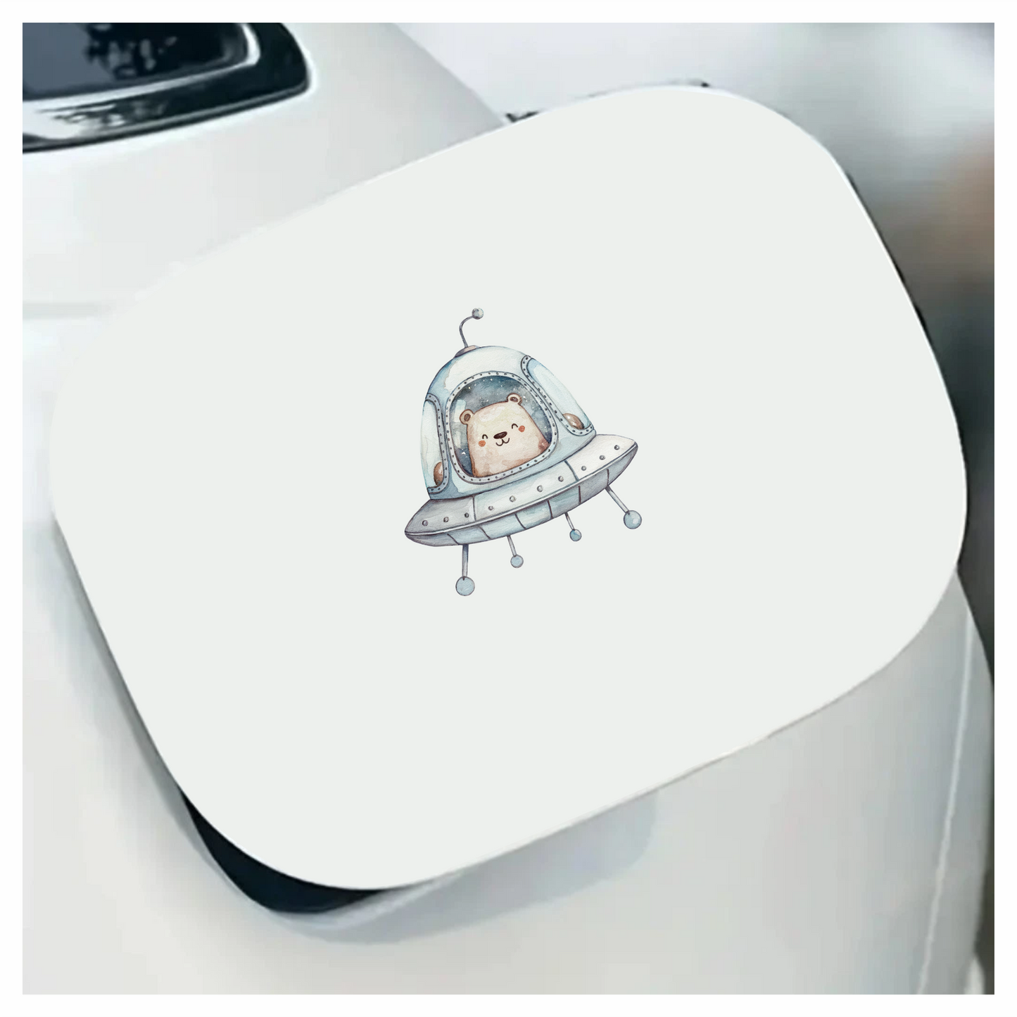 Bear Driving Grey Spaceship Cartoon Vinyl Decal Sticker