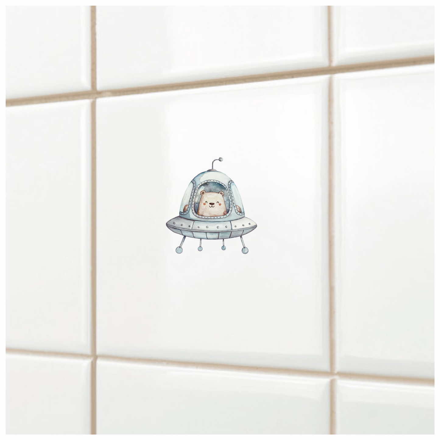 Bear Driving Grey Spaceship Cartoon Vinyl Decal Sticker