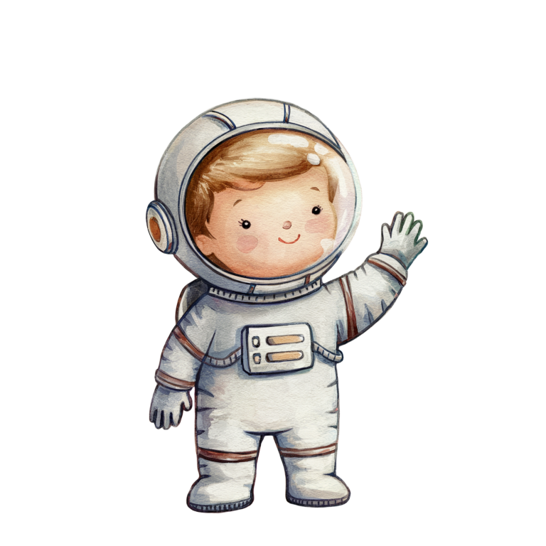 Illustration of a child in an astronaut suit waving on a white background vinyl sticker.