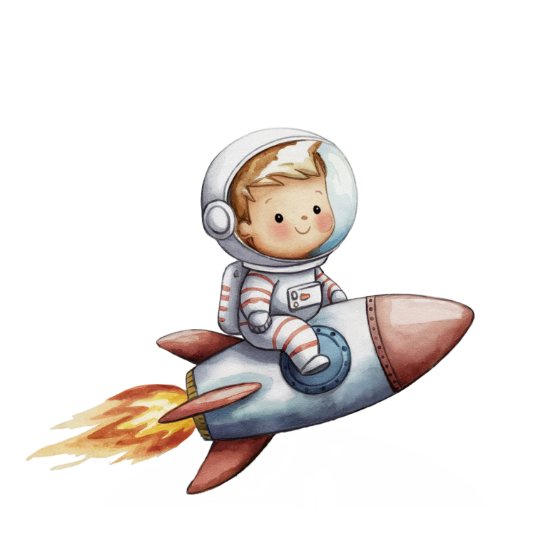 Illustration of a child in an astronaut suit sitting on a rocket ship with flames at the base. vinyl sticker