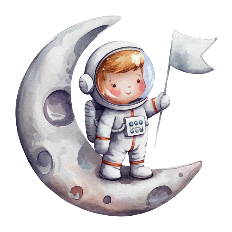 Illustration of a child in an astronaut suit standing on a moon with a flag. vinyl sticker