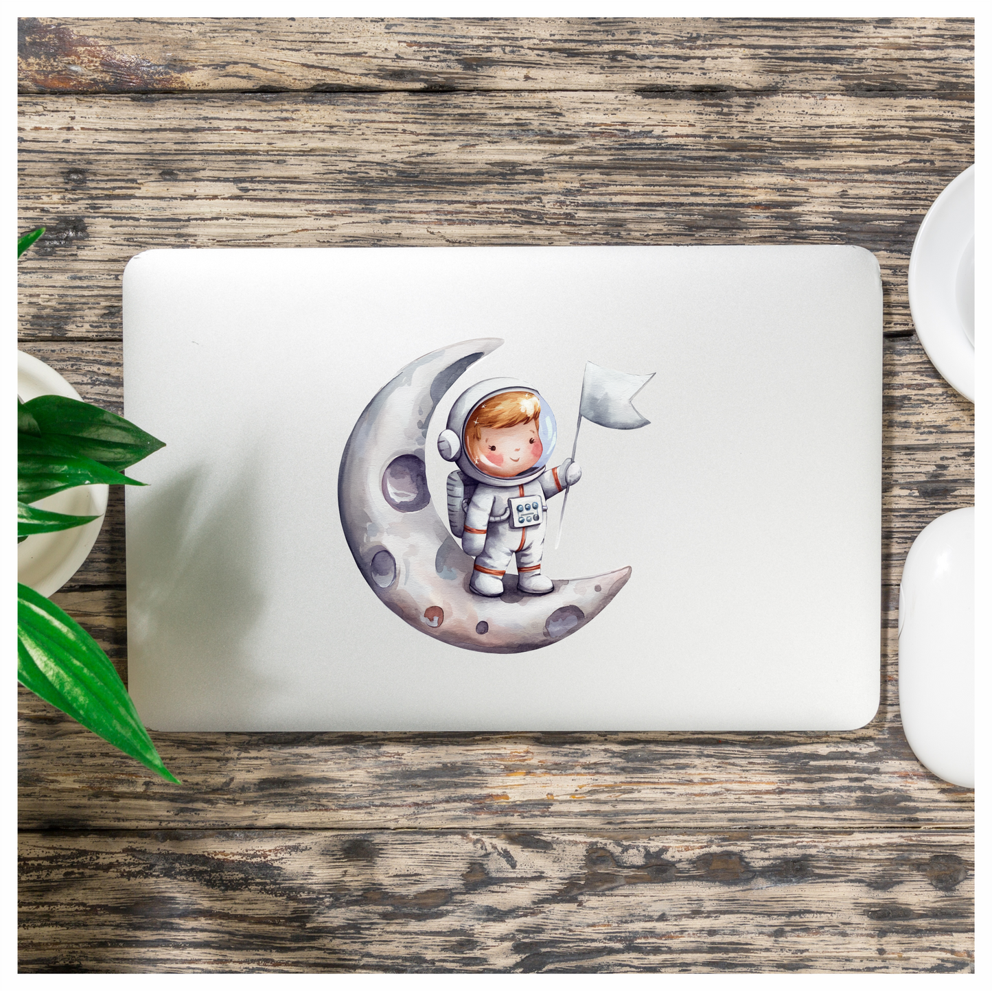 Astronaut Child Holding White Flag Moon Vinyl Decal Sticker