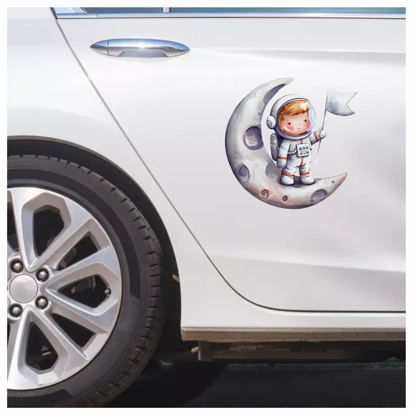 Astronaut Child Holding White Flag Moon Vinyl Decal Sticker