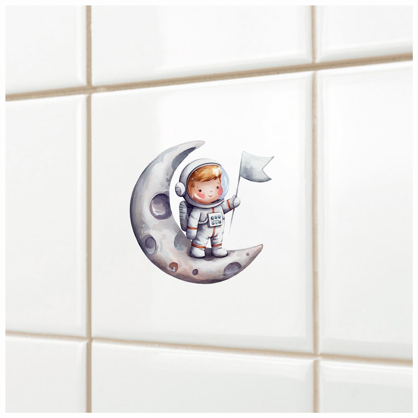 Astronaut Child Holding White Flag Moon Vinyl Decal Sticker