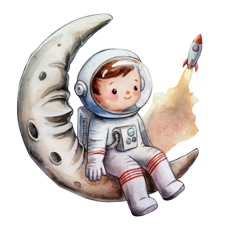 Illustration of a child in an astronaut suit sitting on a moon with a rocket发射 vinyl sticker
