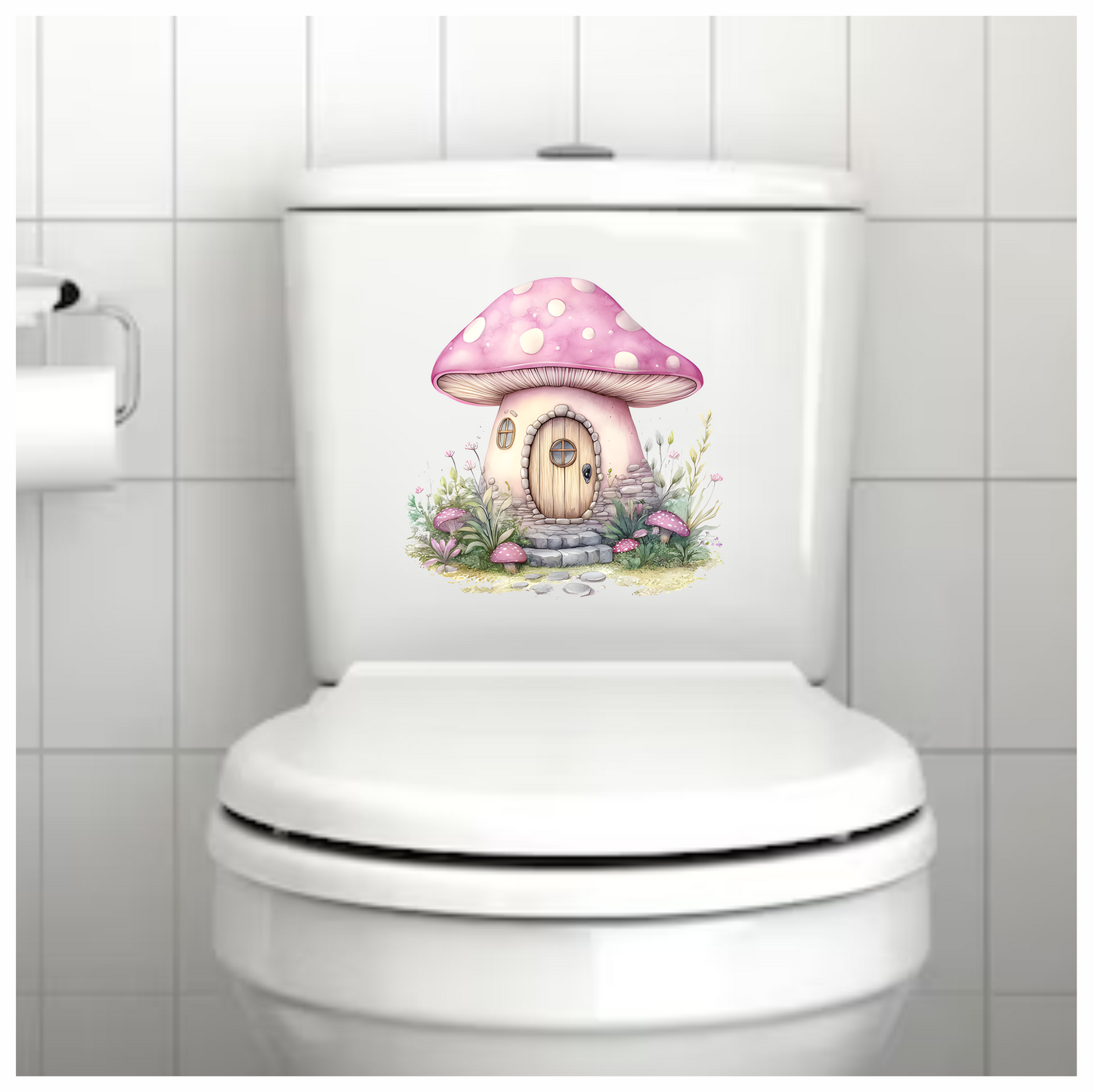 Mushroom Cottage Pink Roof Stone Path Vinyl Decal Sticker