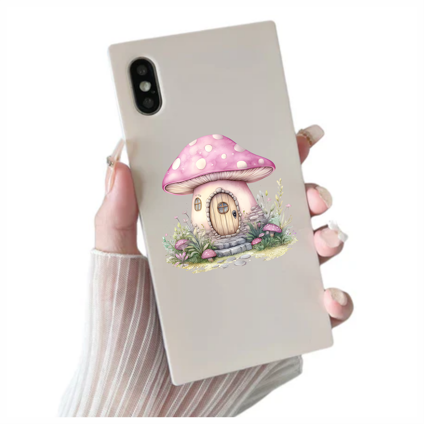 Mushroom Cottage Pink Roof Stone Path Vinyl Decal Sticker