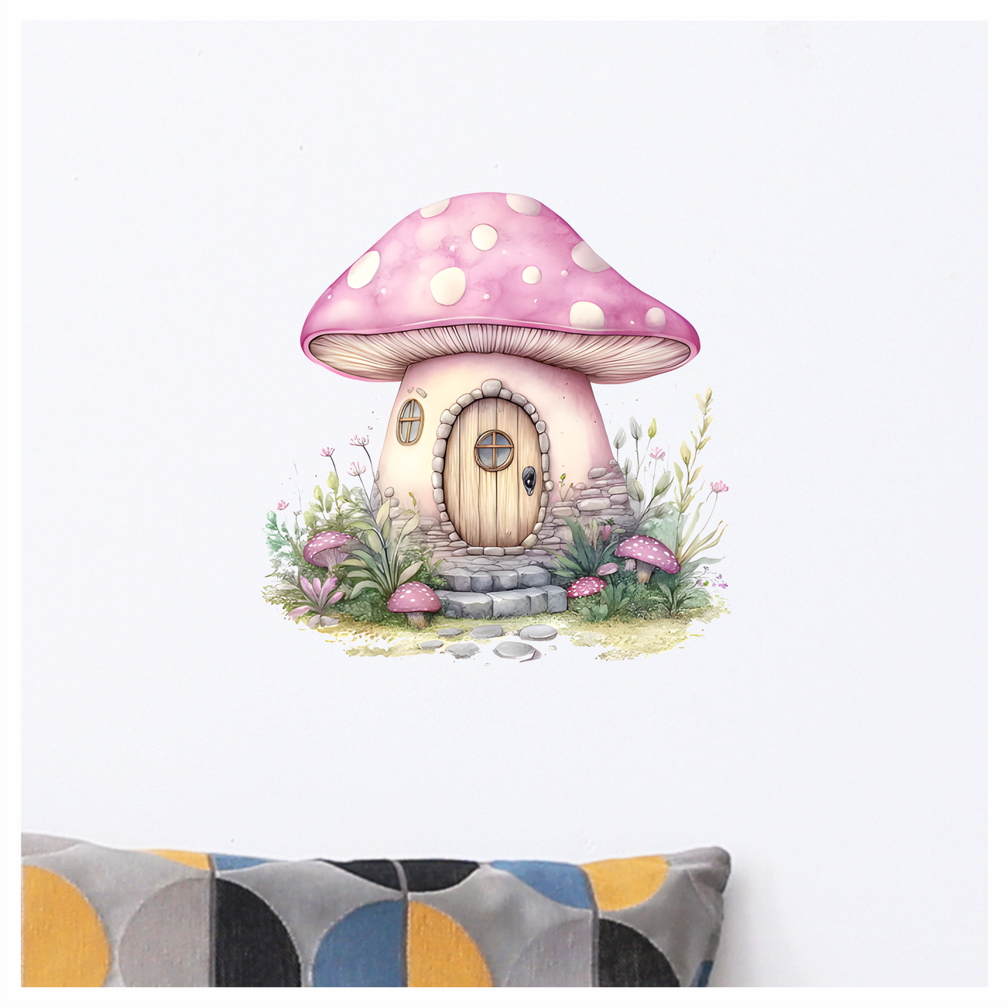 Mushroom Cottage Pink Roof Stone Path Vinyl Decal Sticker