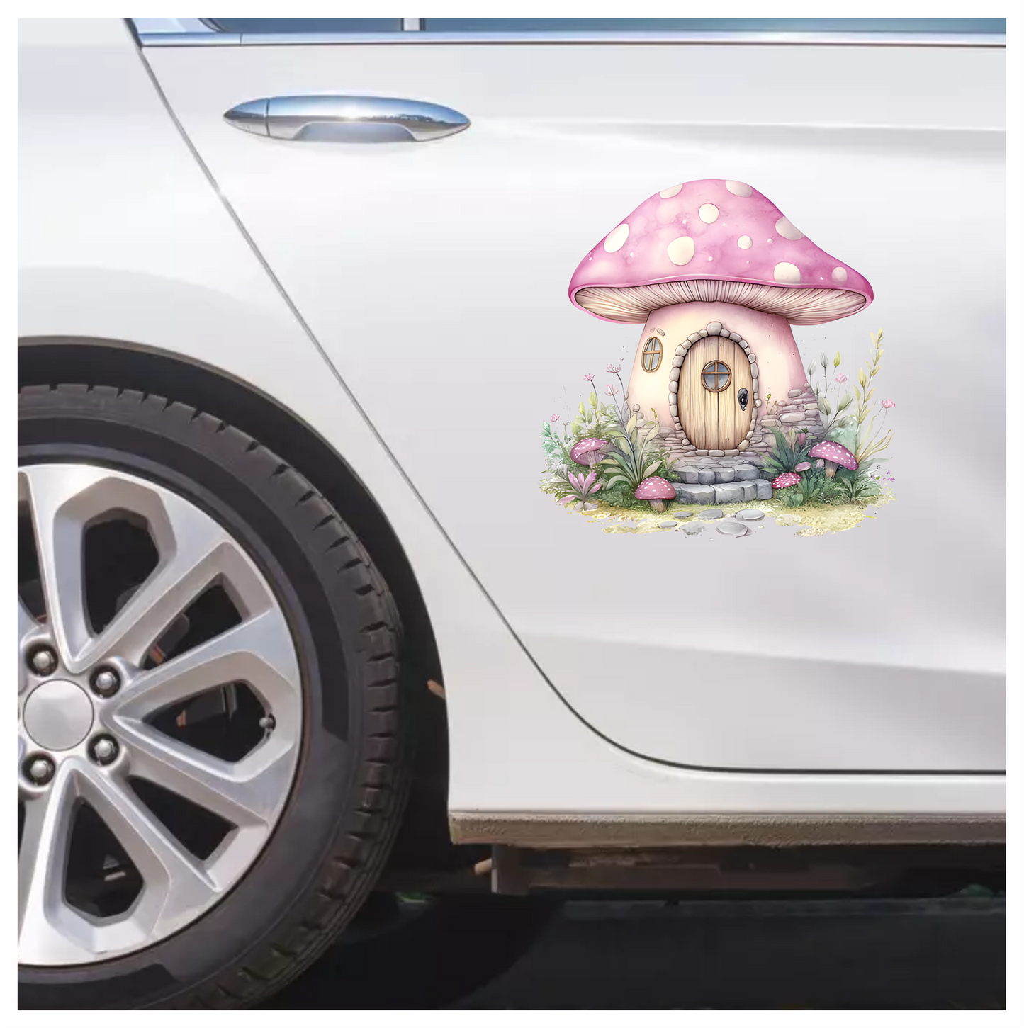 Mushroom Cottage Pink Roof Stone Path Vinyl Decal Sticker