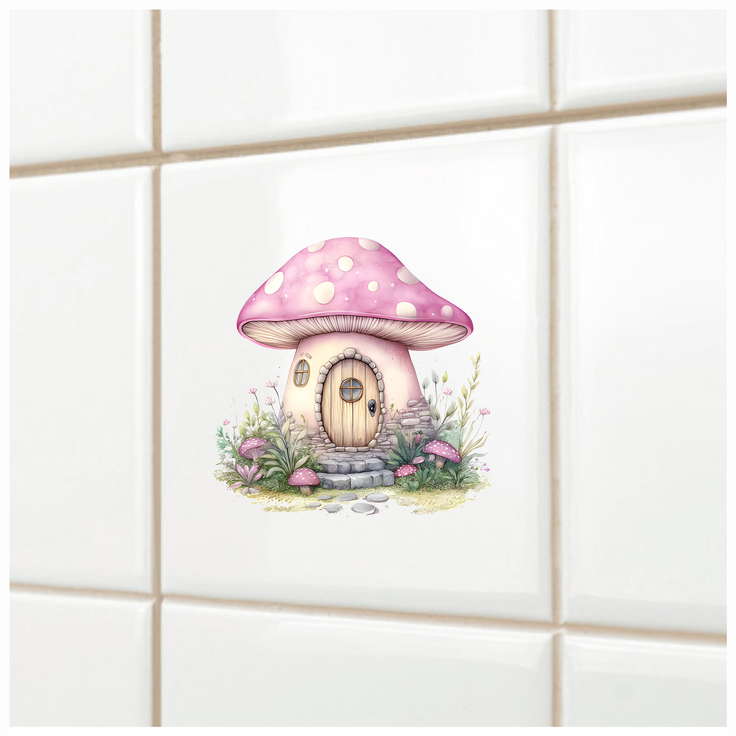 Mushroom Cottage Pink Roof Stone Path Vinyl Decal Sticker