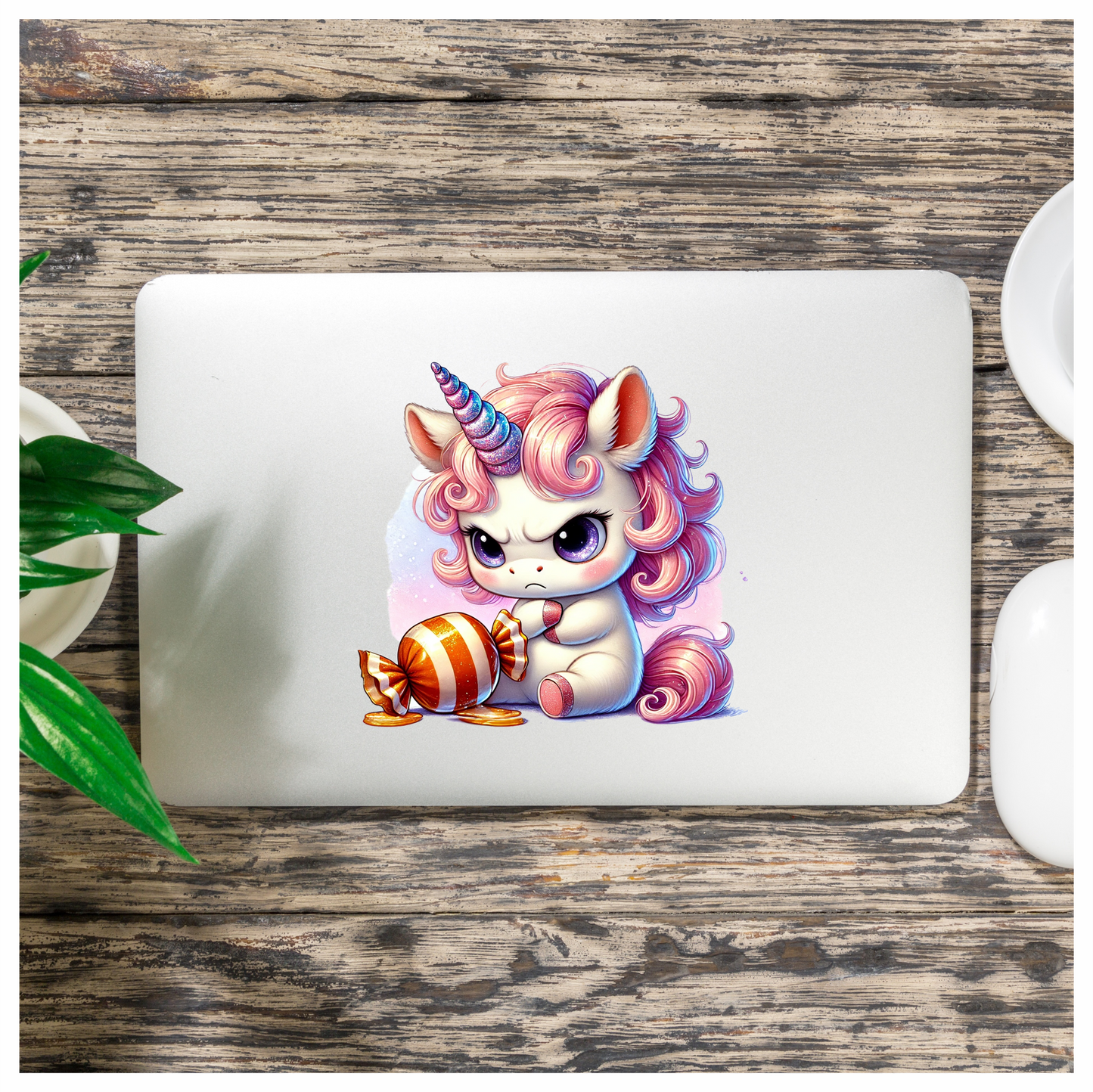 Angry Unicorn Breed Holding Orange Candy Vinyl Decal Sticker