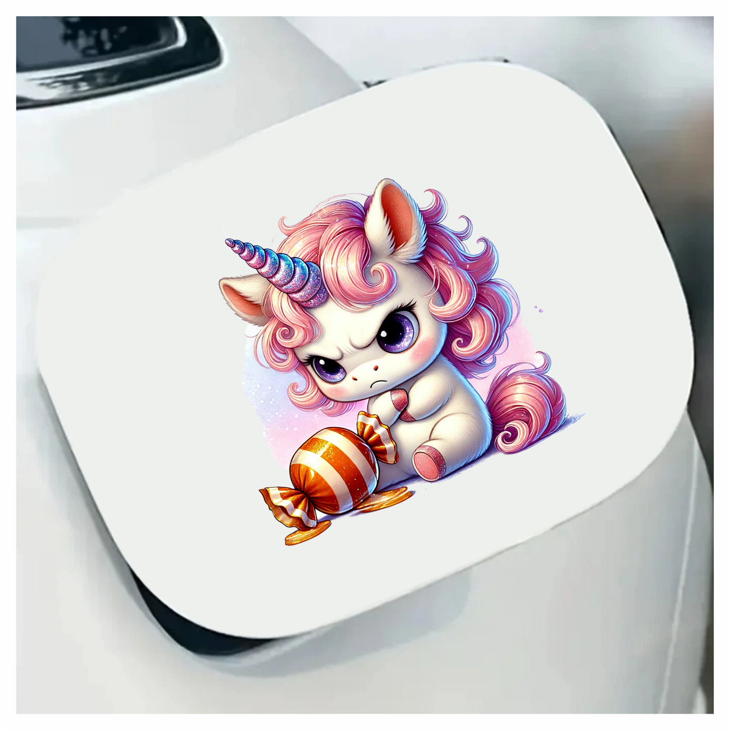 Angry Unicorn Breed Holding Orange Candy Vinyl Decal Sticker