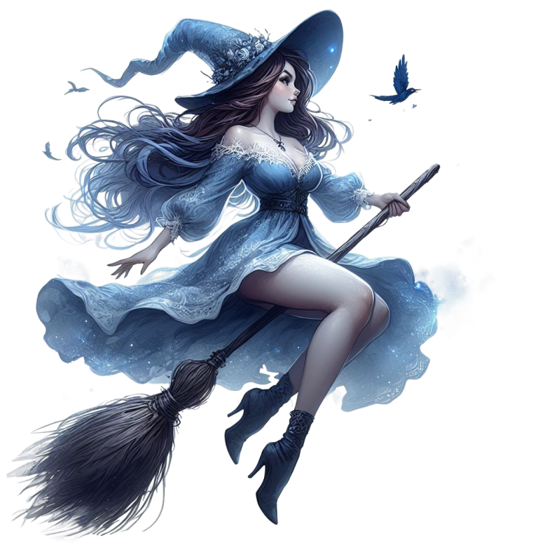 Fantasy illustration of a witch in a blue dress and hat flying on a broomstick available for purchase as a vinyl sticker