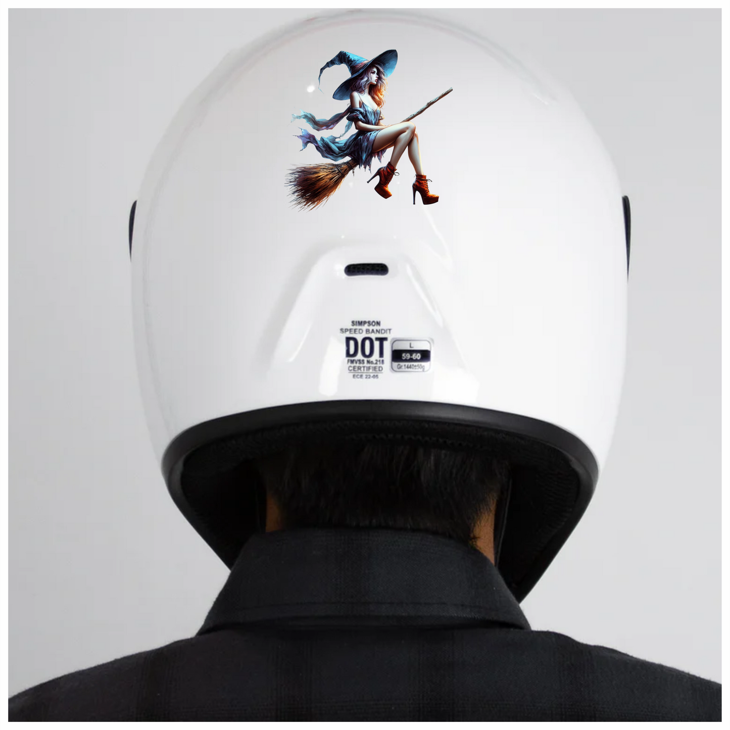 Woman in witch costume with blue hat and dress, sitting on a broomstick. Vinyl Decal Sticker