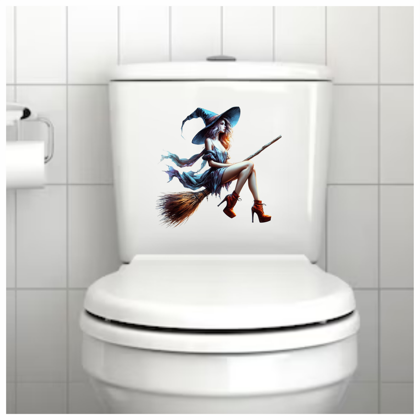 Woman in witch costume with blue hat and dress, sitting on a broomstick. Vinyl Decal Sticker