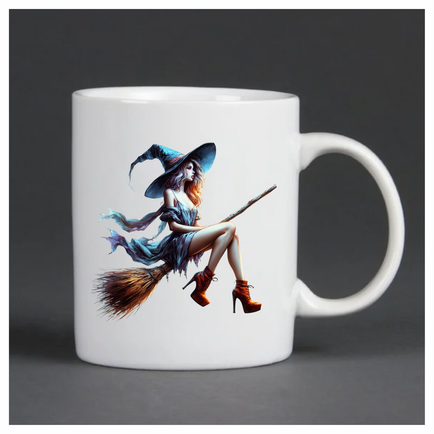 Woman in witch costume with blue hat and dress, sitting on a broomstick. Vinyl Decal Sticker