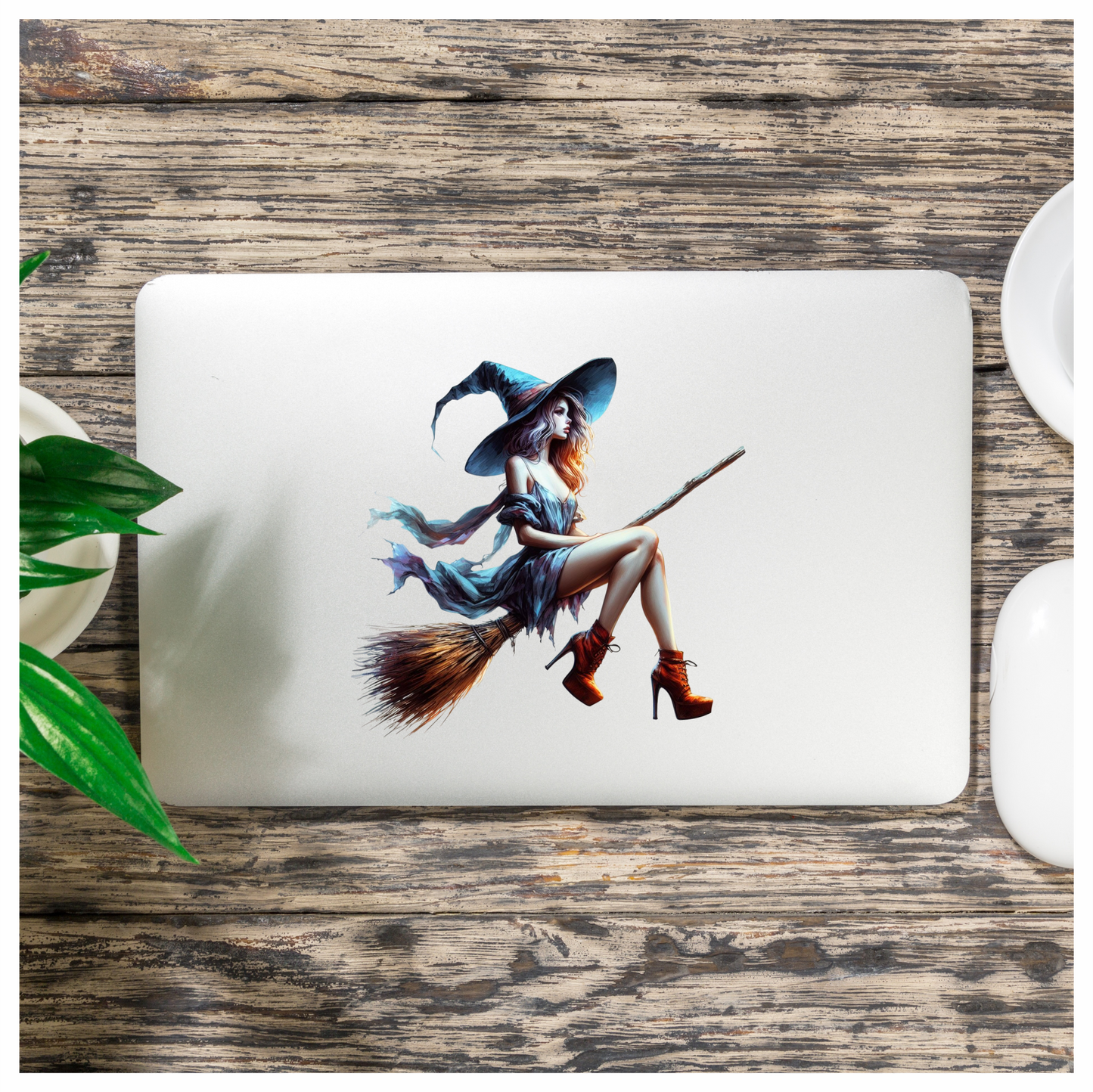 Woman in witch costume with blue hat and dress, sitting on a broomstick. Vinyl Decal Sticker
