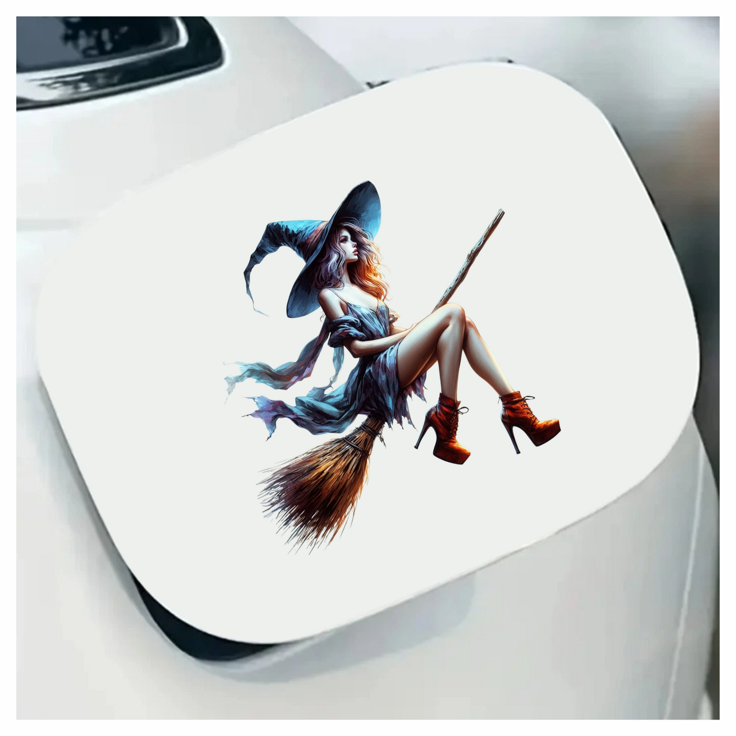 Woman in witch costume with blue hat and dress, sitting on a broomstick. Vinyl Decal Sticker