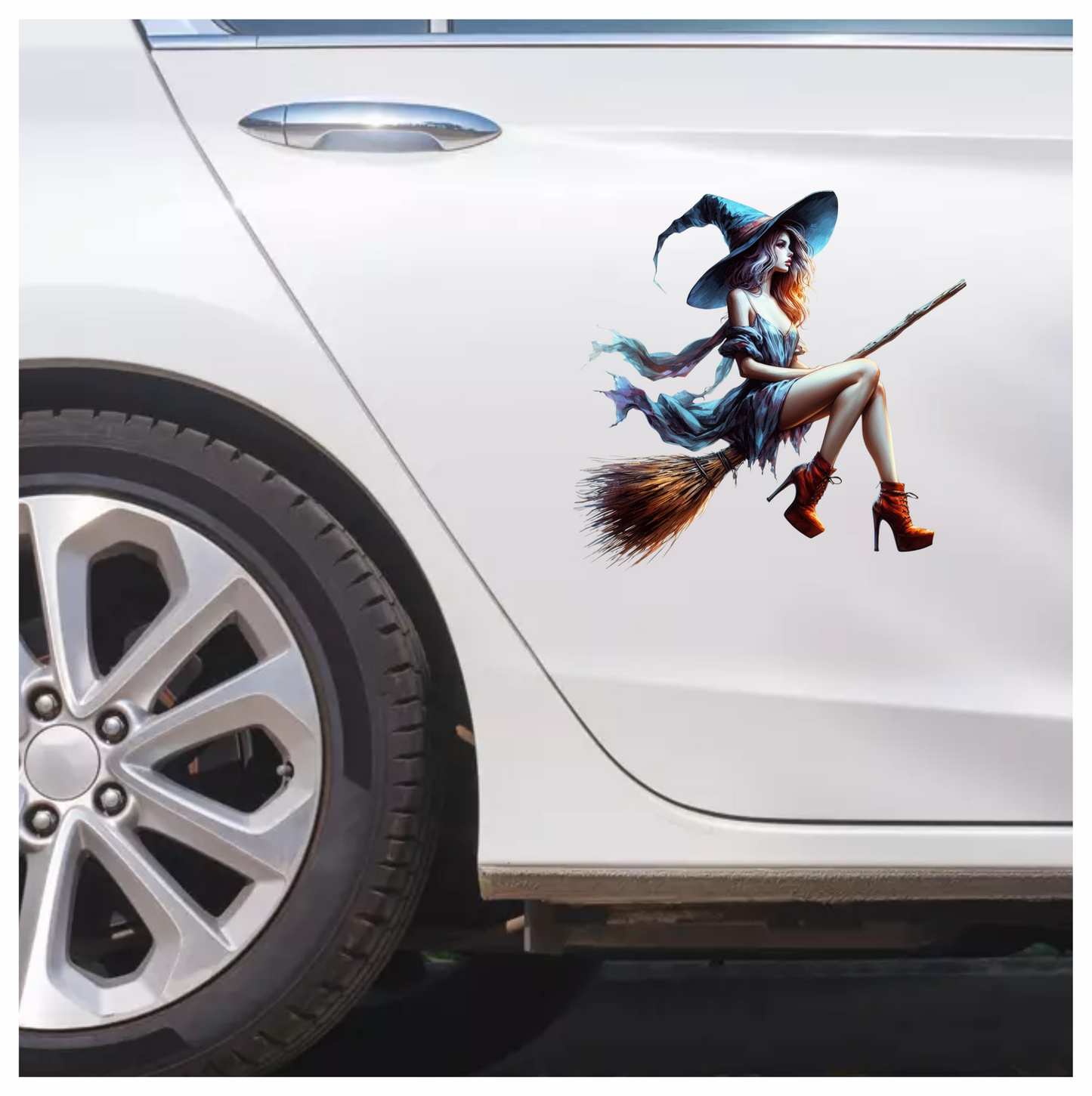 Woman in witch costume with blue hat and dress, sitting on a broomstick. Vinyl Decal Sticker
