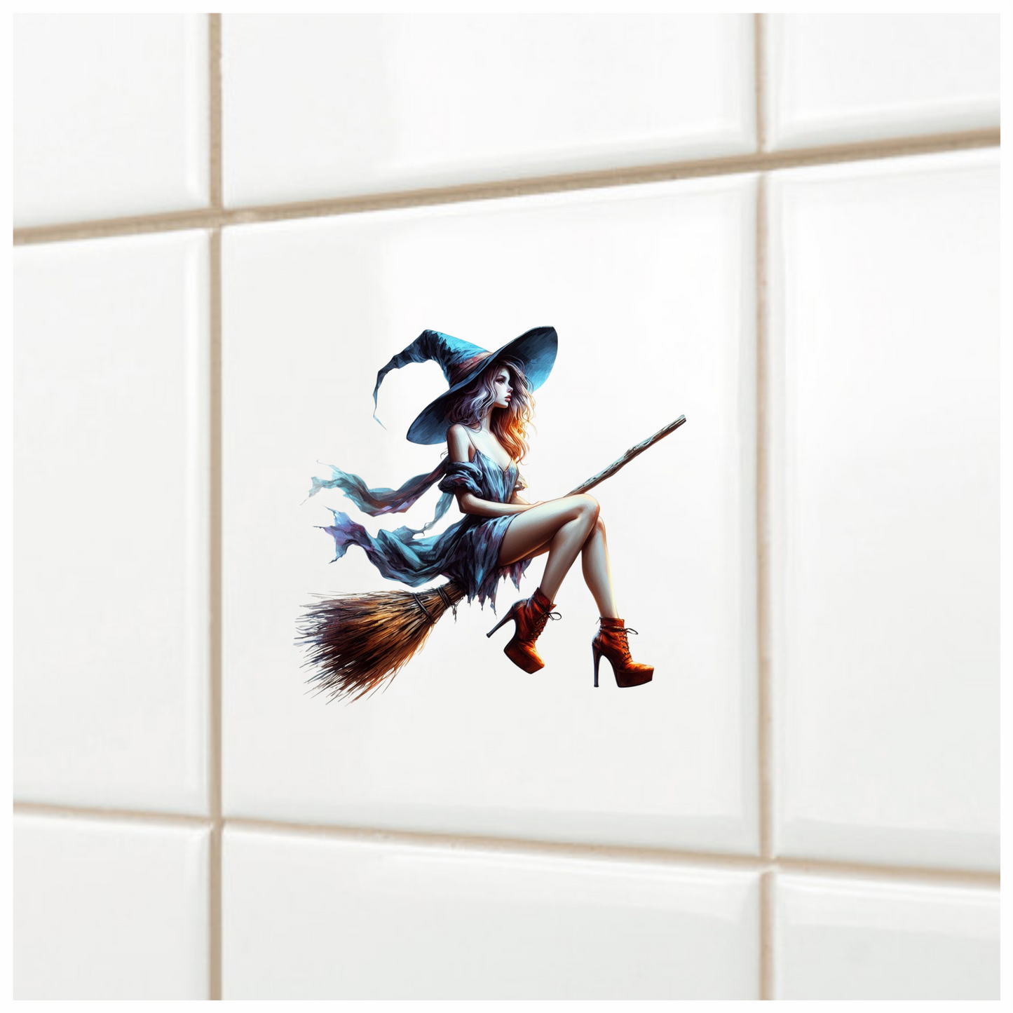 Woman in witch costume with blue hat and dress, sitting on a broomstick. Vinyl Decal Sticker