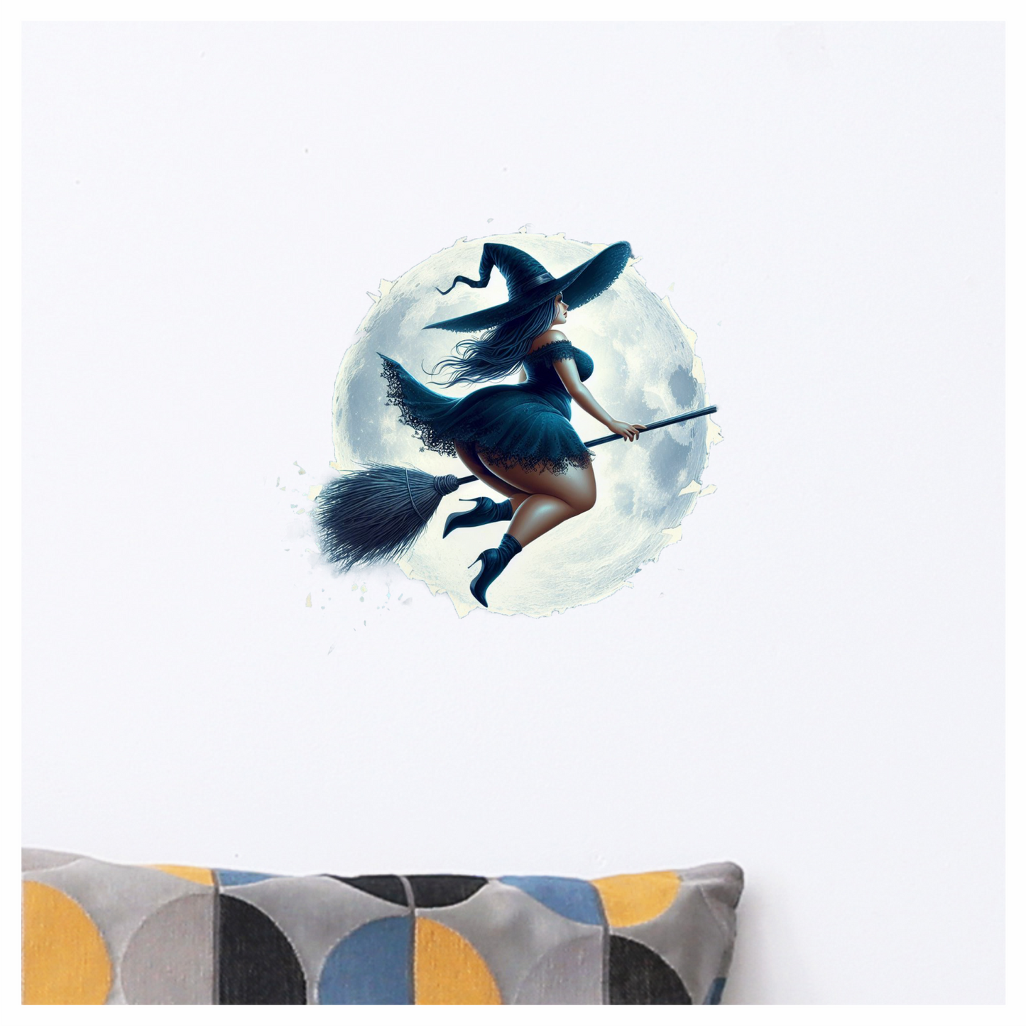 Chubby Witch on Broom In Moonlight Vinyl Decal Sticker
