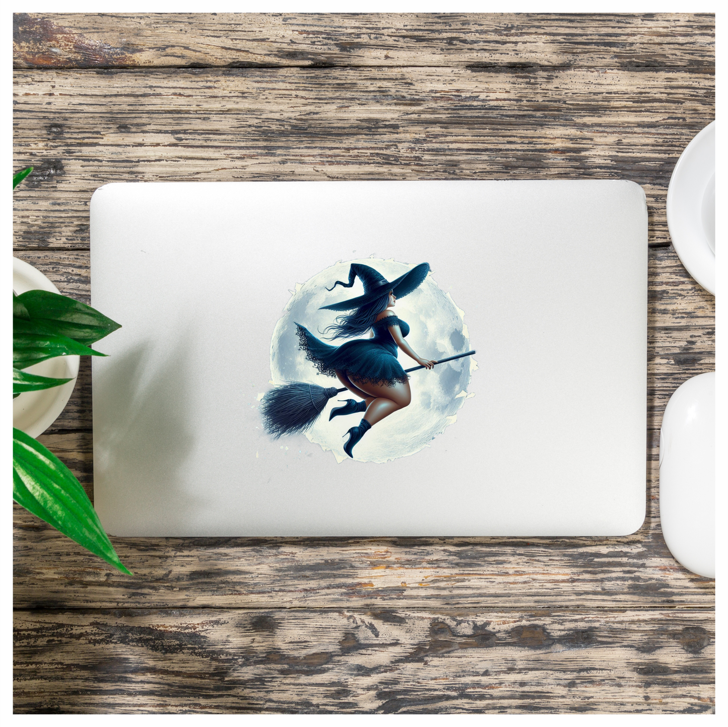 Chubby Witch on Broom In Moonlight Vinyl Decal Sticker