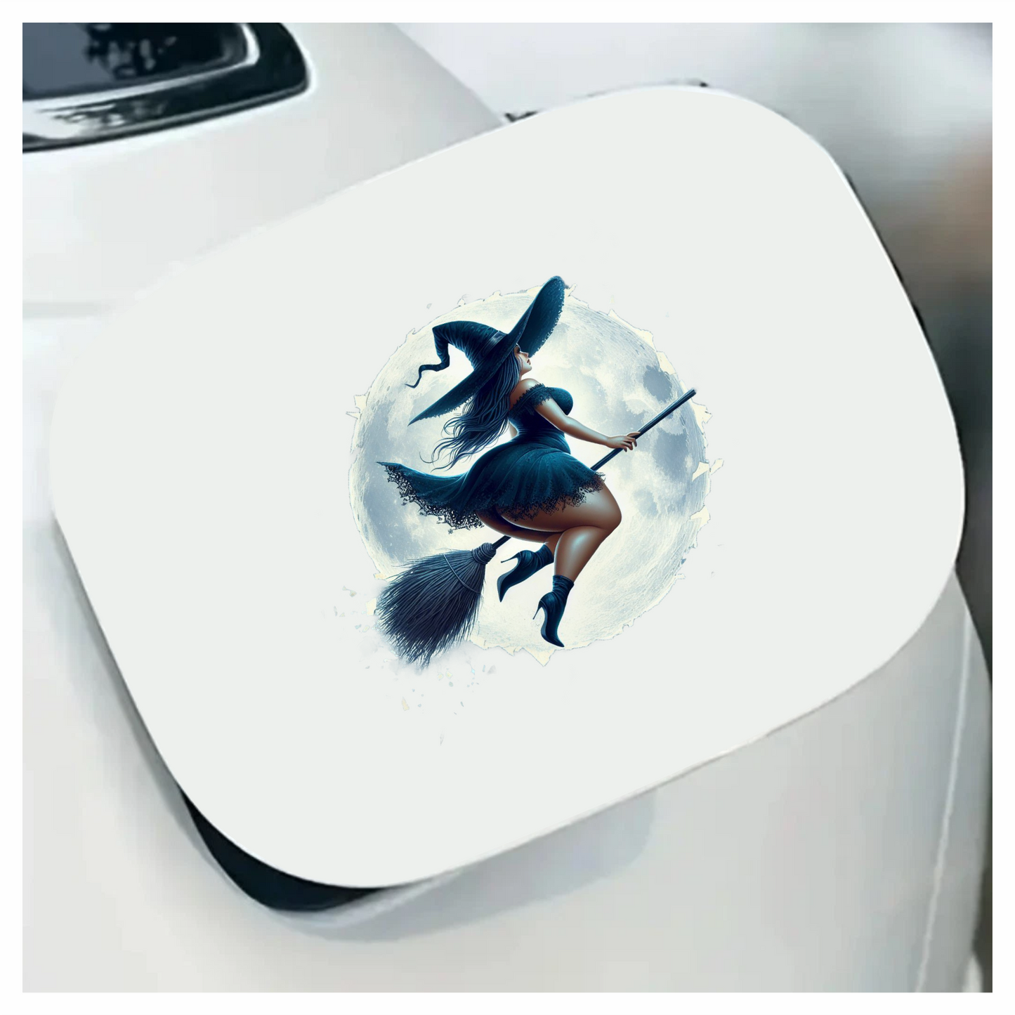Chubby Witch on Broom In Moonlight Vinyl Decal Sticker