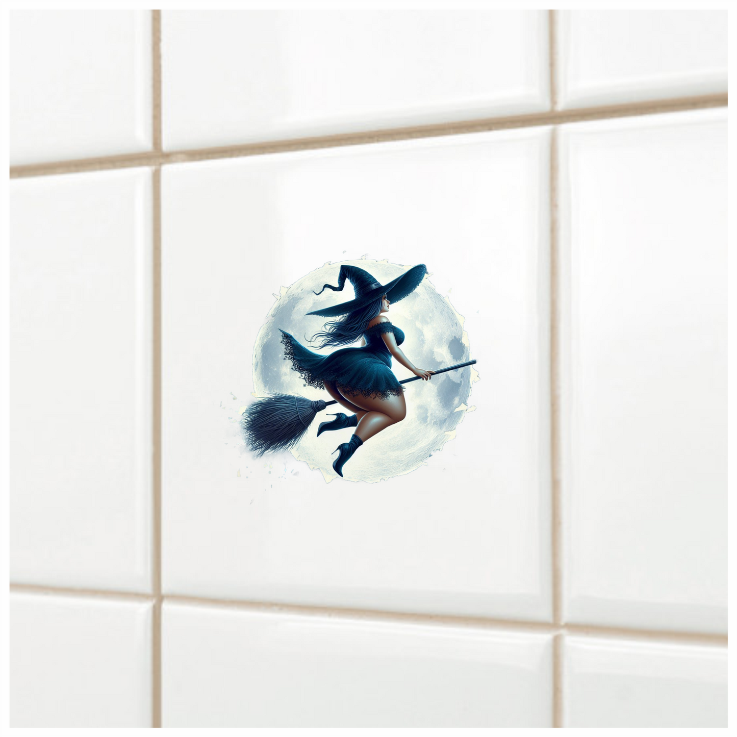 Chubby Witch on Broom In Moonlight Vinyl Wall Sticker